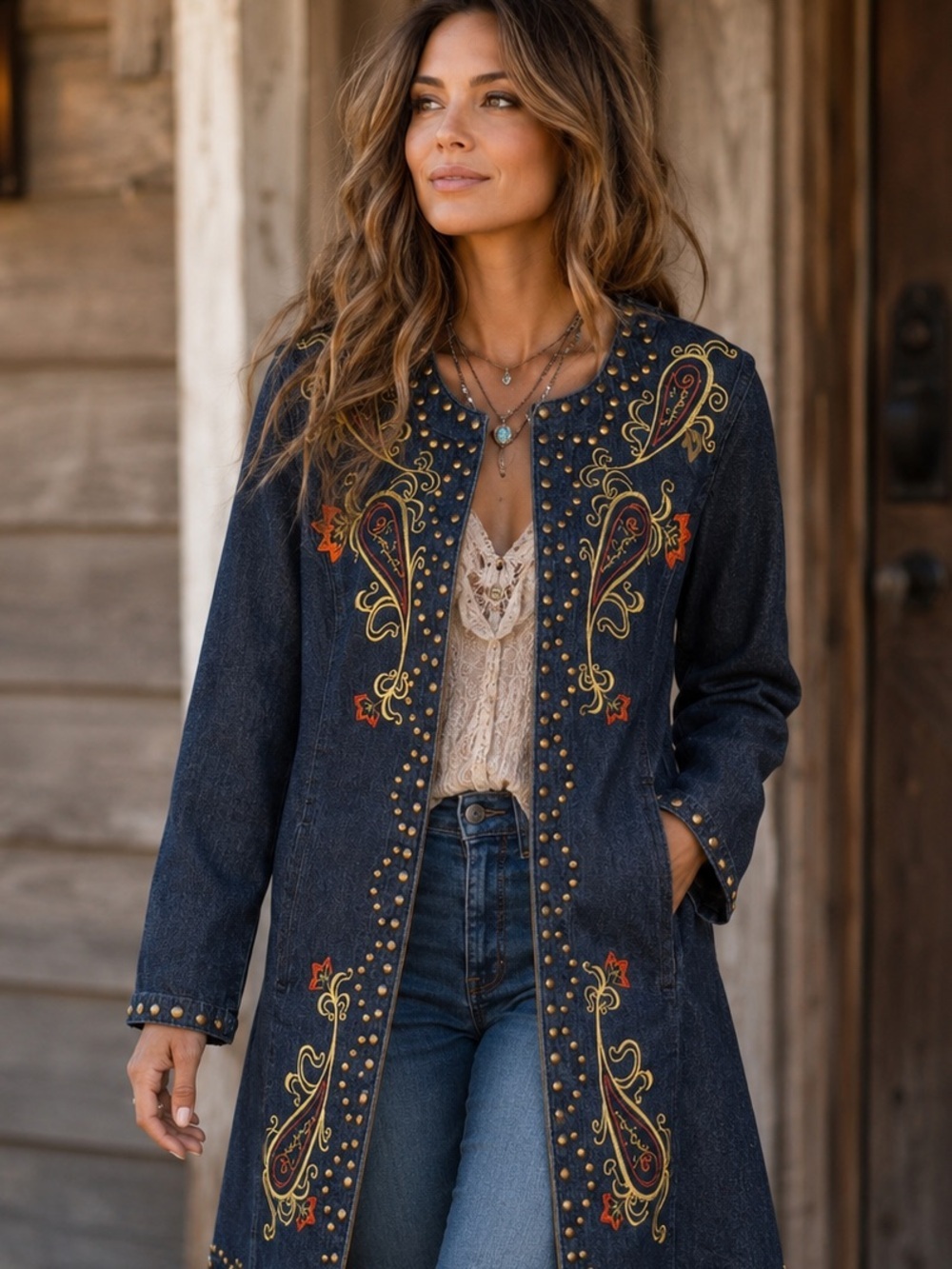 Boho Paisley Embroidered Indigo Denim Jacket Duster